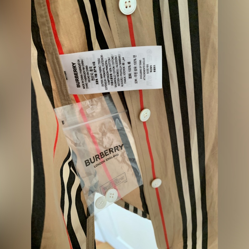 Burberry Beige Striped Button-Up Blouse with Black and Red Stripes - Picture 3 of 4